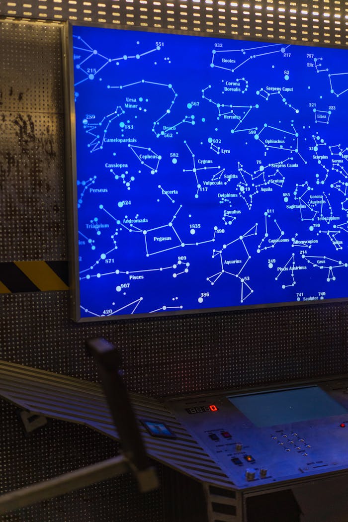 High-tech display featuring a space star map with a control panel in a futuristic setting.